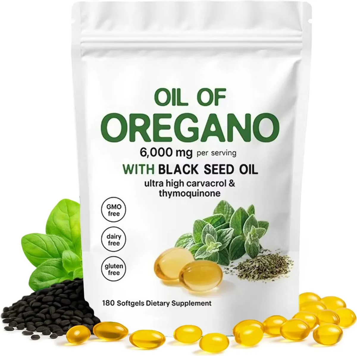 Oil of Oregano Softgels with Black Seed Oil 6000mg - Oregano Oil Capsules for Immune & Digestive Support - Non-GMO Gluten-Free