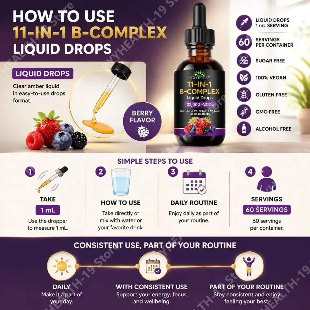 B-Complex Liquid Drops 11-in-1 Methyl B12 Folate Biotin For Energy Focus & Brain Nervous Support Formula Adult 60ml