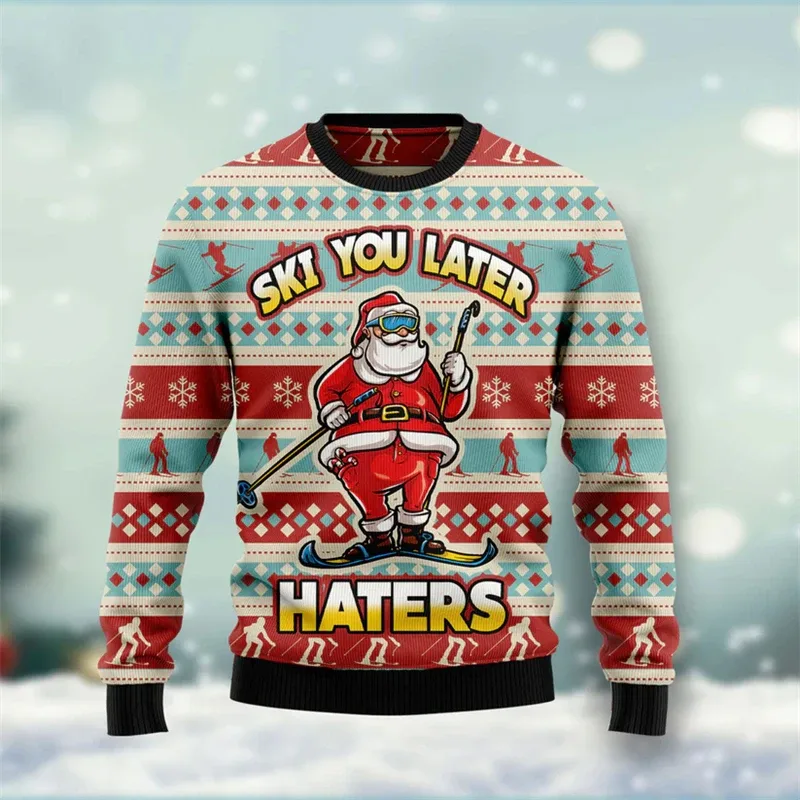 Fashion Skiing Santa Graphic Ugly Christmas Sweater For Men Trendy Streetwear 3D Printed Xmas Sweatshirts Loose Holiday Pullover — image 3
