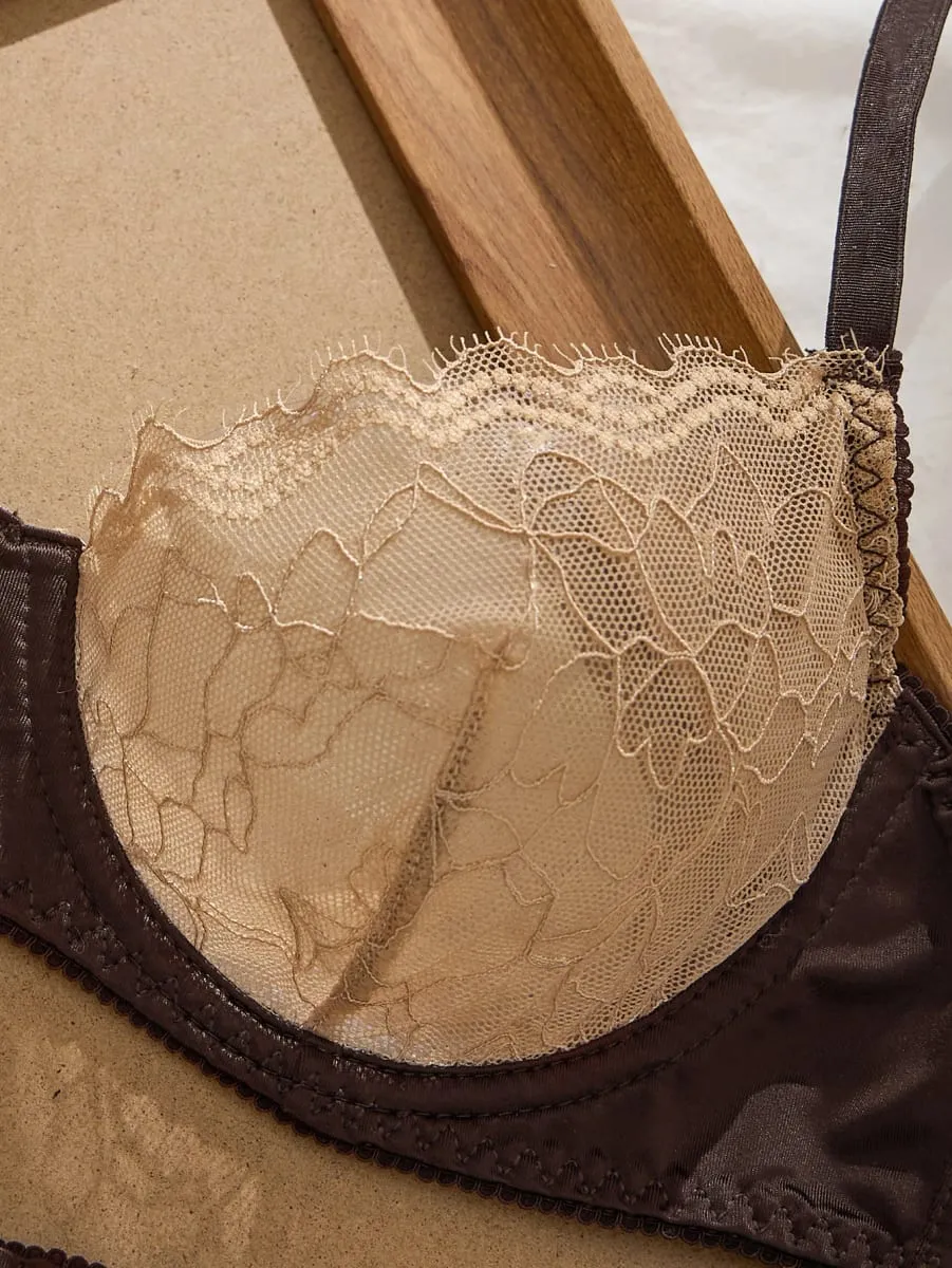 Sexy Lace Flowers Embroidery Lingerie Set for Women Ultra Thin Breathable Bra Button Decoration Underwear French Bras Thong Sets — image 2