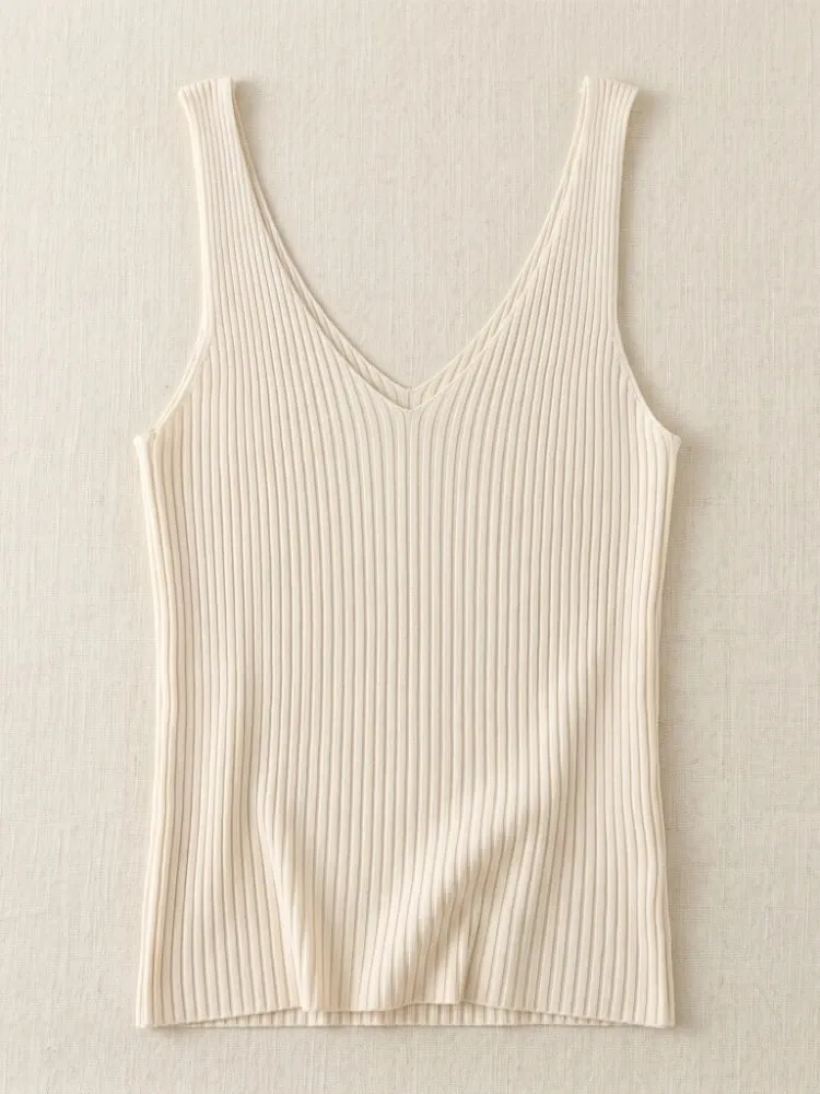 2026 Summer Fashion Women Camisole Ice Silk Knit Tank Top Slim Fit Sleeveless Base Tank Top Solid Color V-Neck Cami