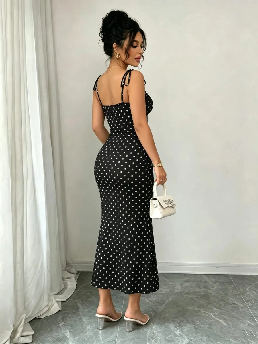 Black and White Polka Dot Bow Mid-Length Dress Pleated Tight-Fitting Fishtail Dress Vintage Slim-Fit Fishtail Party Long Dress