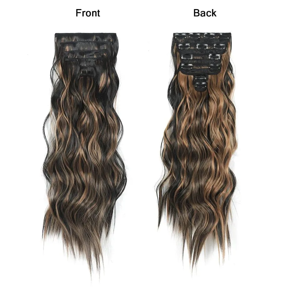 6PCS Clip in Hair Extensions Honey Blonde Mixed Light Brown 24 Inch Long Water Wavy Synthetic Hair Extensions For Women Use