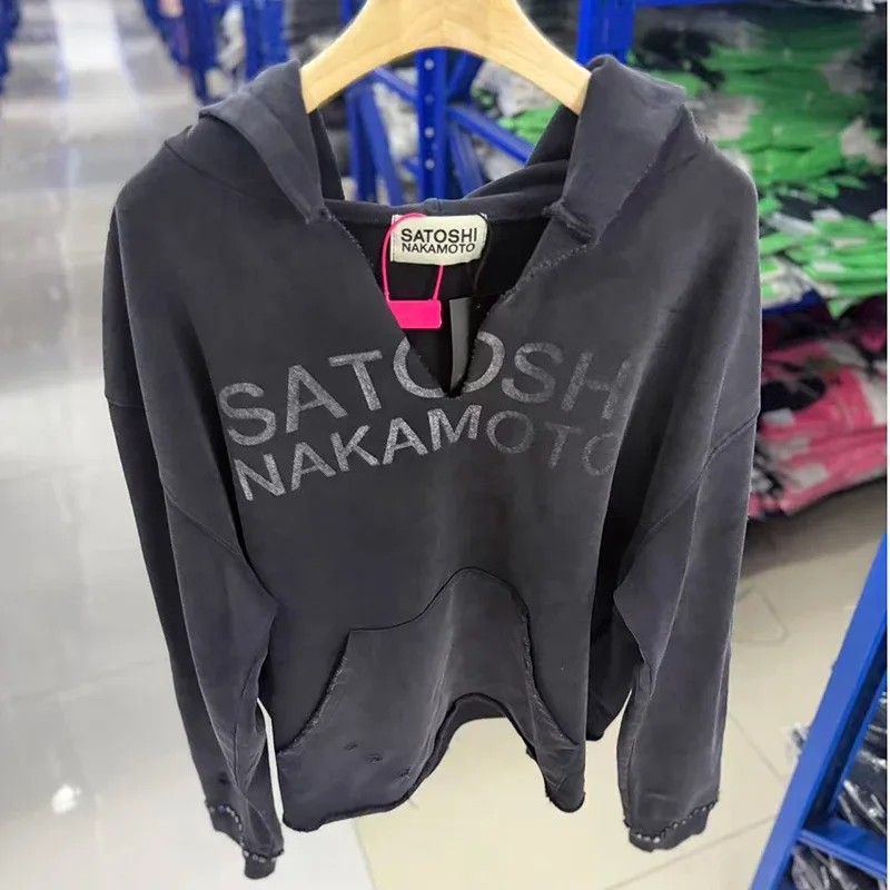 26SS Autumn Winter New Arrival Satoshi Nakamoto Hooded Sweatshirts Destructo Studded Washed Cotton Hooded Unisex Pullover