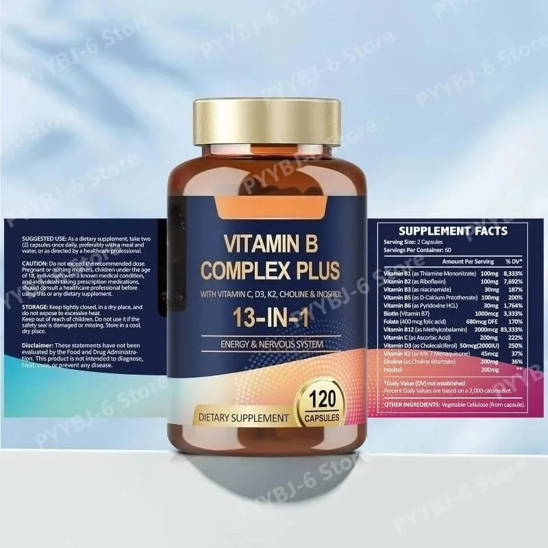 Vitamin B Complex Plus13-in-1 120Vegan Capsules Energy Support Immune Health Nerve Function Skin Wellness Antioxidant Supplement