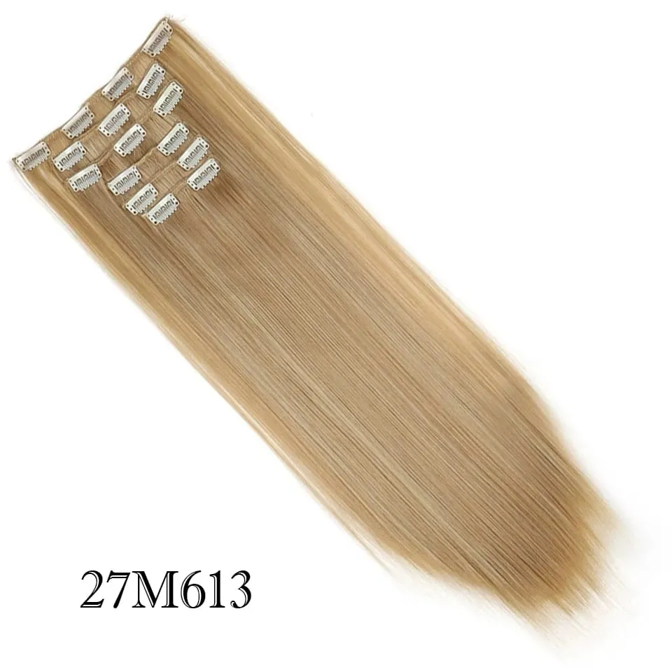 6Pcs/Set Clip In Hair Extension Synthetic Highlights Blonde Long Straight Hairpiece Full Head Thick Hairpieces for Women Girls