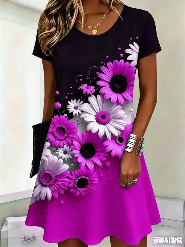 Fashion Street Floral Pattern Women Mini Dresses Summer Short Sleeve 3D Flower Printed Ladies Dress O-Neck Loose Casaul Dress — image 6
