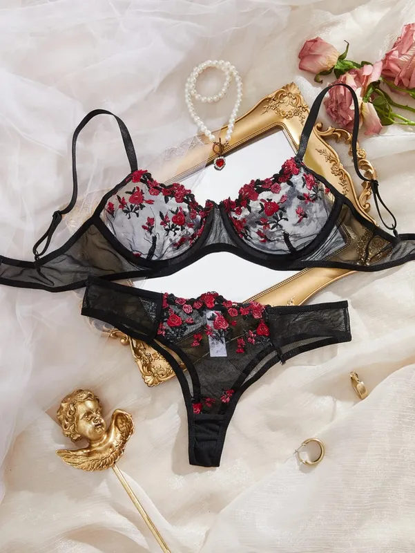 Fairy Yellow Lingerie Women Transparent Bralette 2 Piece Underwear Sets Floral Embroidery Bra Panty And Panty Set