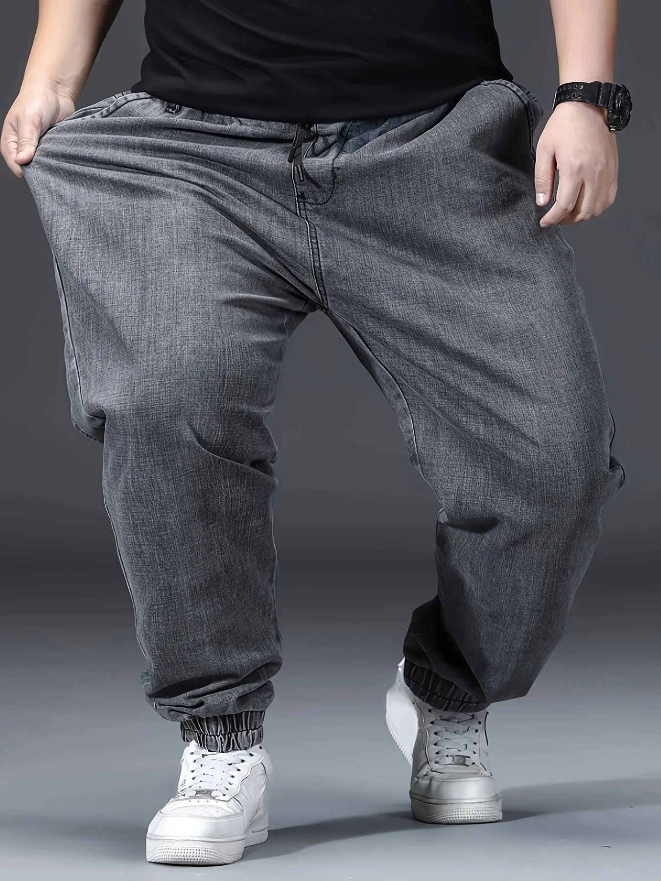 Men's Elastic Waist Loose Straight Jogger Jeans Plus Size Cuffed Ankle Denim Pants pantalones hombre Casual Trousers