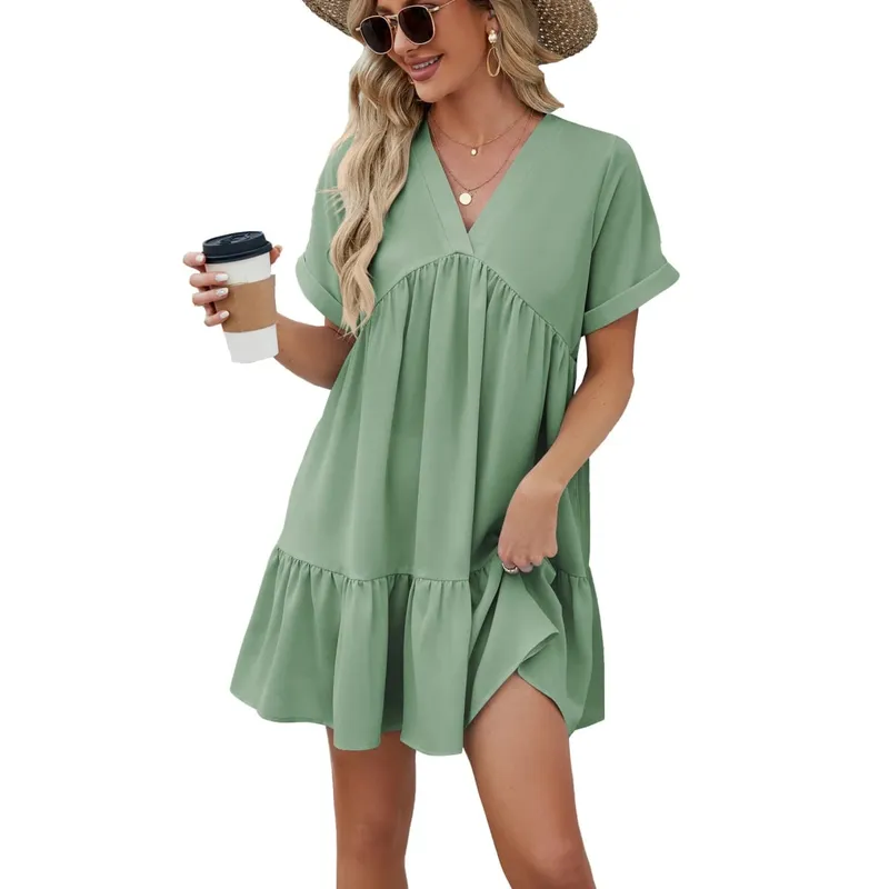 Summer White Dress V Neck Short Sleeve Loose Fit Dresses Pleated Midi A Line Pastel Pink Women's Casual Summer Woman Clothing — image 4