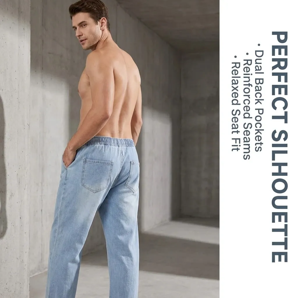 Men's Light Blue Elastic Waist Drawstring Loose Jeans Spring Summer Autumn Winter Versatile Comfortable Fit Casual Denim Pants