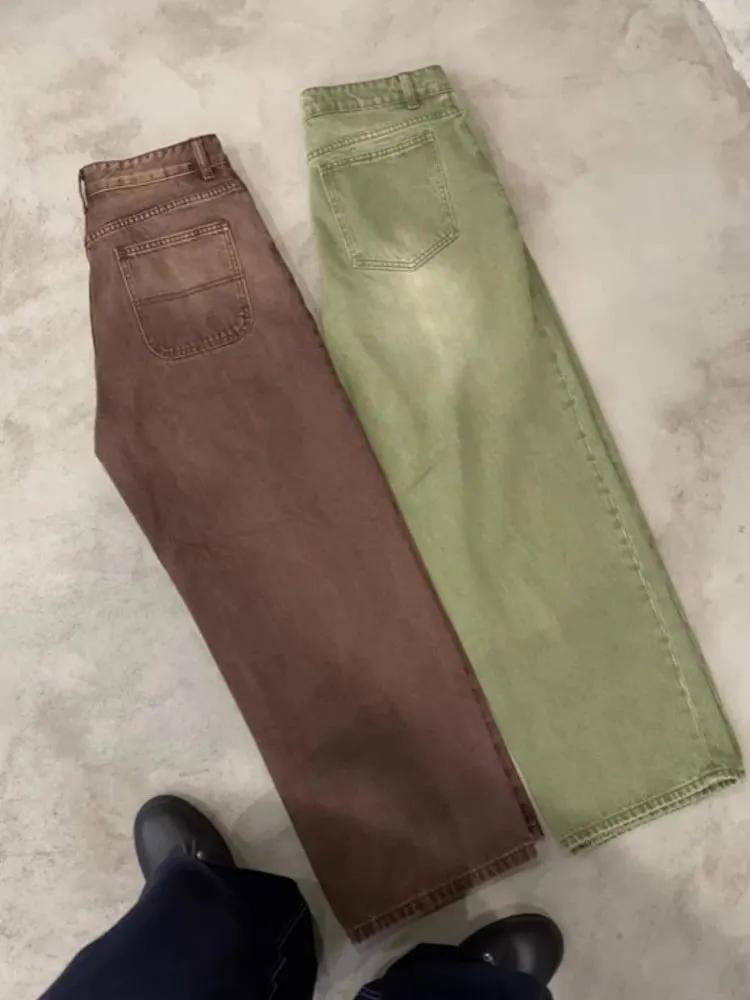 Mens Jeans Matcha Green Washed Gradient Denim Pants Harajuku Unisex Loose Fit Straight Leg Wide Leg Casual Streetwear Fashion