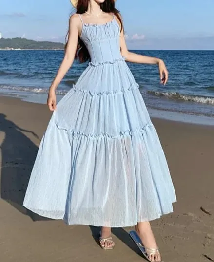 Women Strap Sleeveless Ruffles A-line Midi Maxi Long Dress 2025 Summer Beach Holiday Vacation Vestidos Dresses