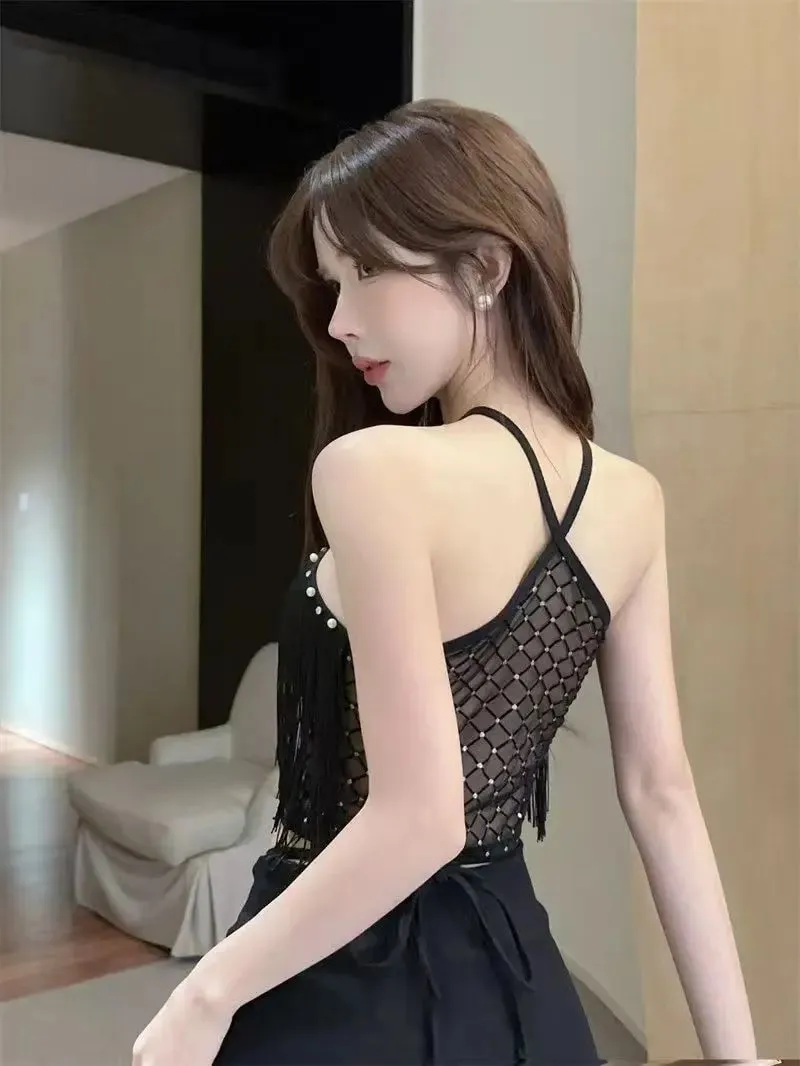 Decorative Halter Top with Padded Cups Long Tassel Pearl Sparkling Diamond Retro Millennial Style Sexy Halter