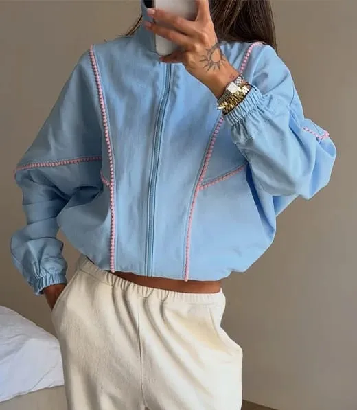 Polka Dot Cropped Windbreaker Jacket Contrast Pink Seam Piping Side Pockets Loose Outerwear 2026 Autumn Street Daily Lady Coat