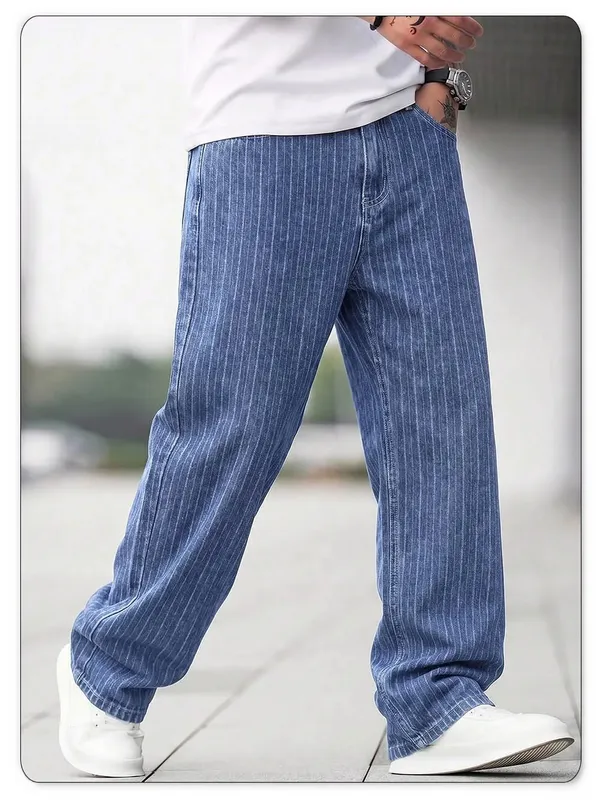 Men Vertical Thin Stripe Jacquard Baggy Denim Pants Classic Blue Loose Wide Leg Straight Leg Vintage Washed Jeans