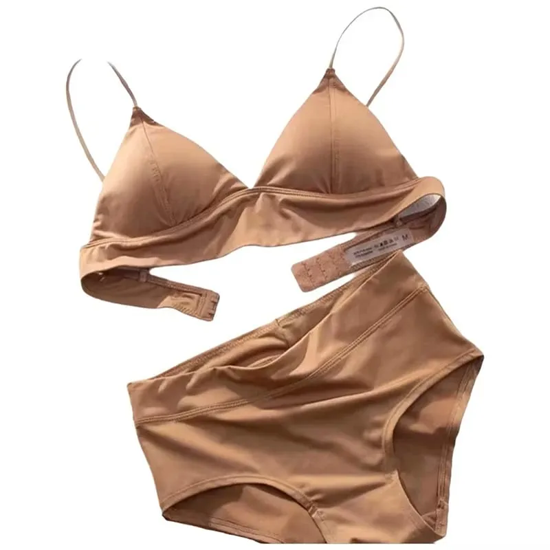 Deep V Plunge Triangle Cup Bralette Wireless Bra Panties Set Underwear Removable Pads Smooth Lightly Lined Woman Sexy Lingerie