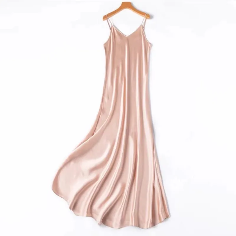 2026 Women's Fashion New 21MM 100% Natural Mulberry Silk Plain Satin Extended French Sexy Adjustable Shoulder Strap Solid Dress