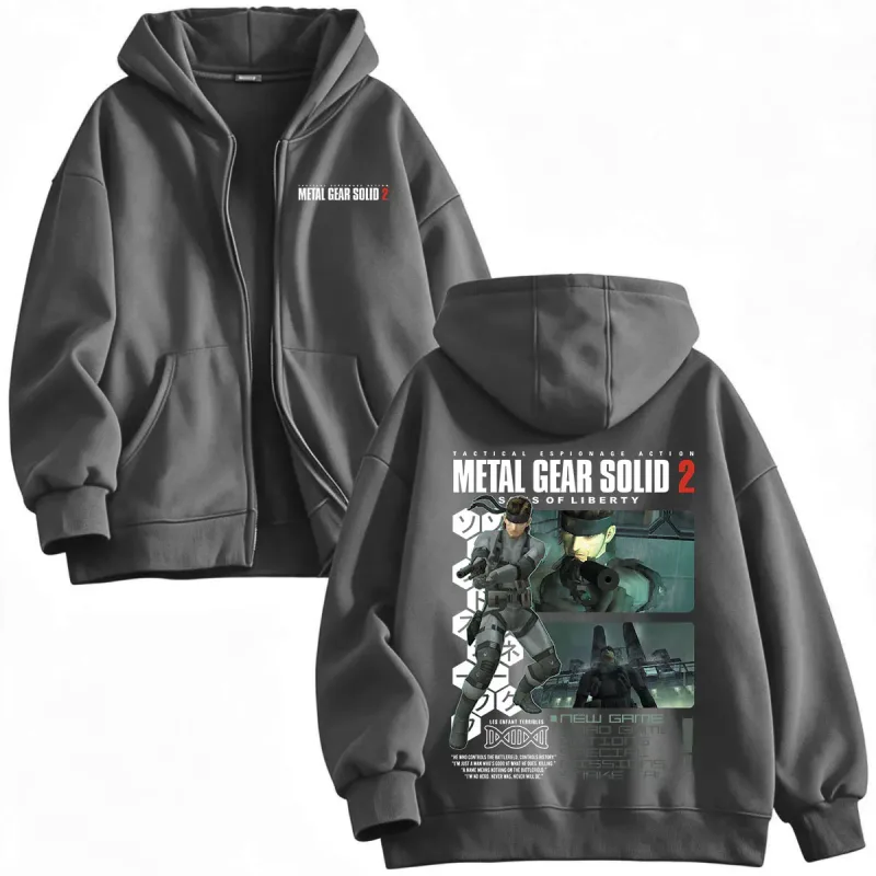 Metal Gear Solid 2 Sons of Liberty MGS2 Solid Snake Game Zipper Hoodies Men Women Fleece Zip Up Hooded Sweatshirts Jackets Coats
