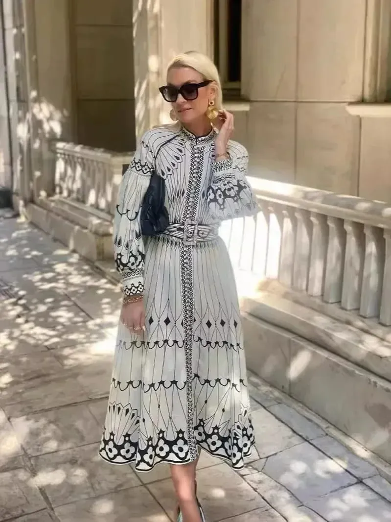 Retro Elegant Stand Collar Long Dress Women Spring Pattern Print Belted Buckle Party Autumn Sleeve A-Line Boho — image 4