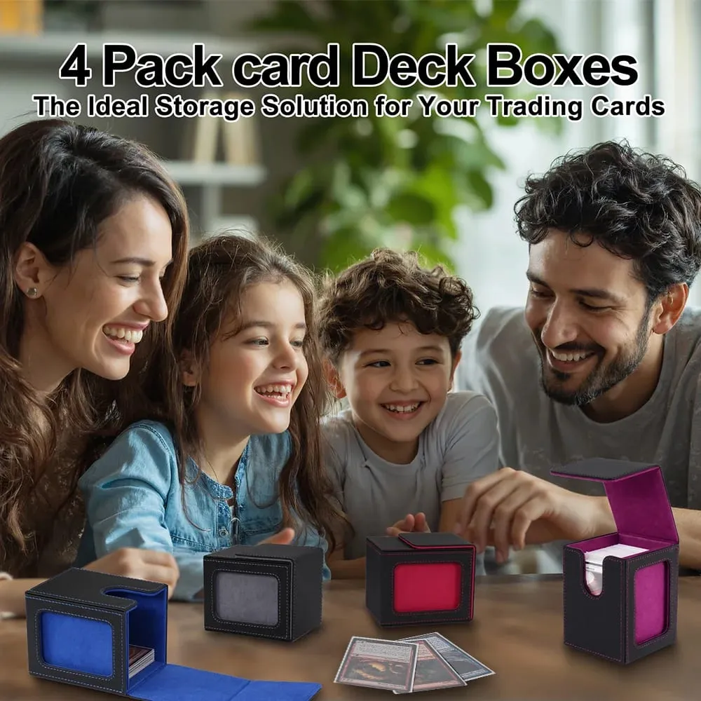 4 Pack Card Deck Box with Display Window Hold 120+ Single Sleeved Cards Magnetic Closure PU Leather Card Box for TCG Cards