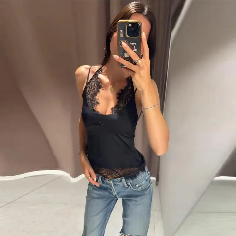 Lace Splice Sheer Bodysuit V Neck Spaghetti Strap Fitted 2026 Summer Women Club Fashion Outfit Party Trendy Slim Lingerie