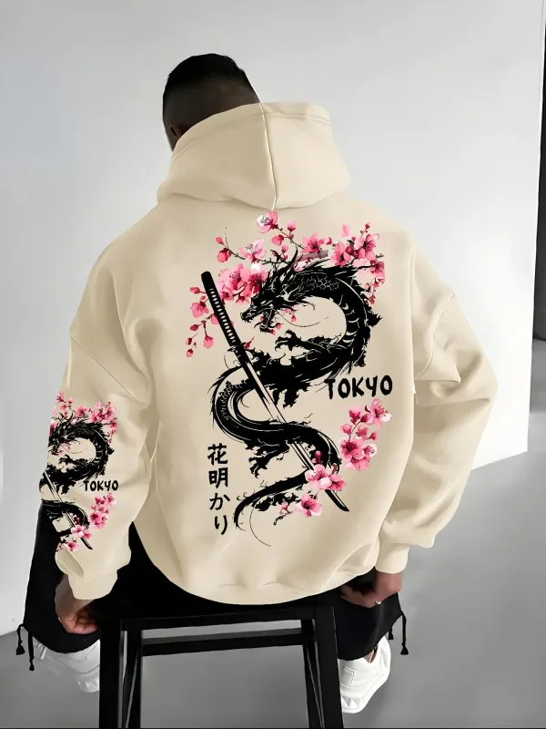 เสื้อสวมหัวมีฮู้ดพิมพ์ลายดอกซากุระลายมังกรสไตล์อะนิเมะสำหรับบุรุษเพื่อความอบอุ่นในฤดูหนาวสไตล์หลวมและลำลอง
