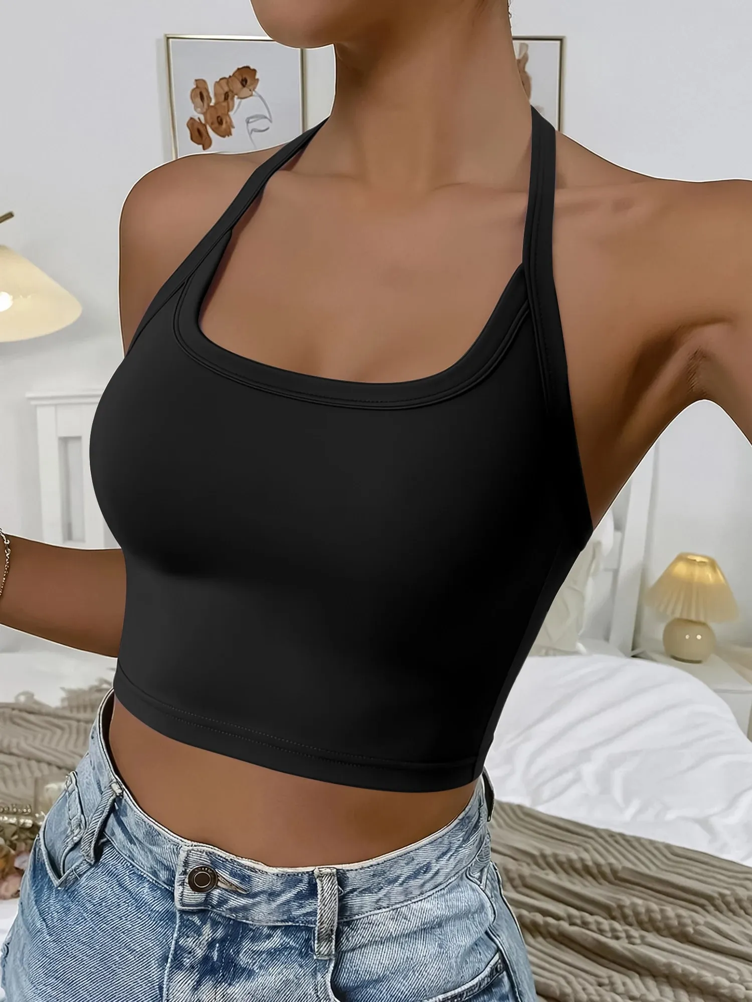 Silhouette Sculpt Halter Neck Crop Cami Rear Cutaway U Front Sling for Concert Events & Night Urban Street Shots