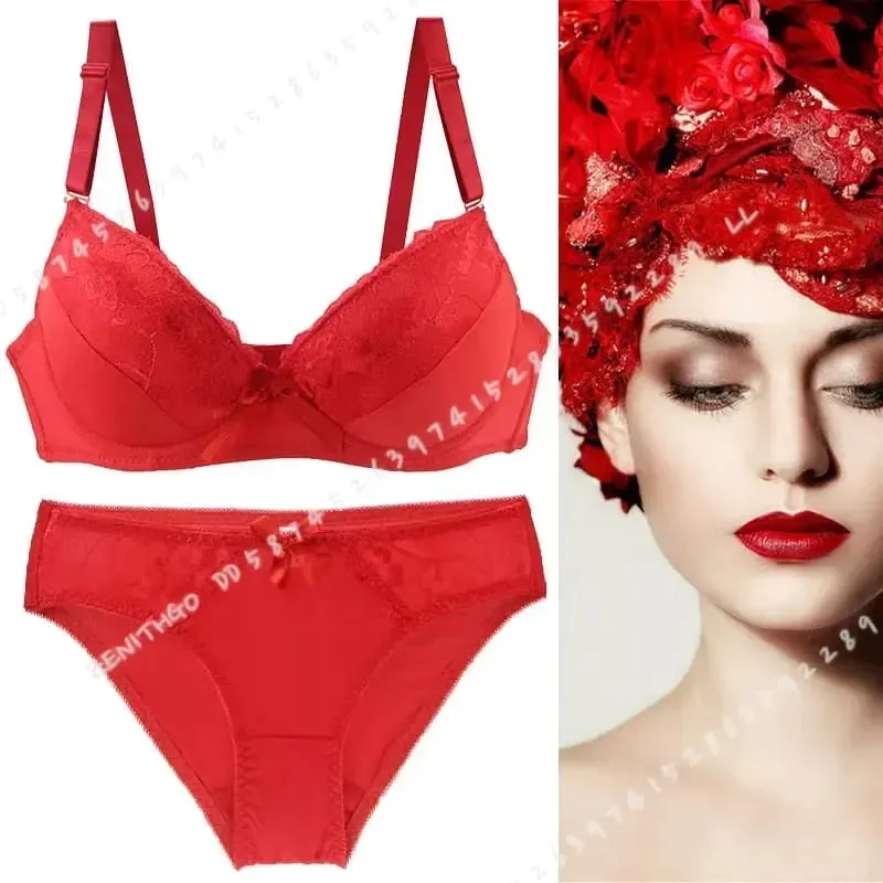 Women Push Up Bra Set Lace Thong Underwear Solid Bow Lingerie Plus Size 70-105 BCDE Cup Female Intimates