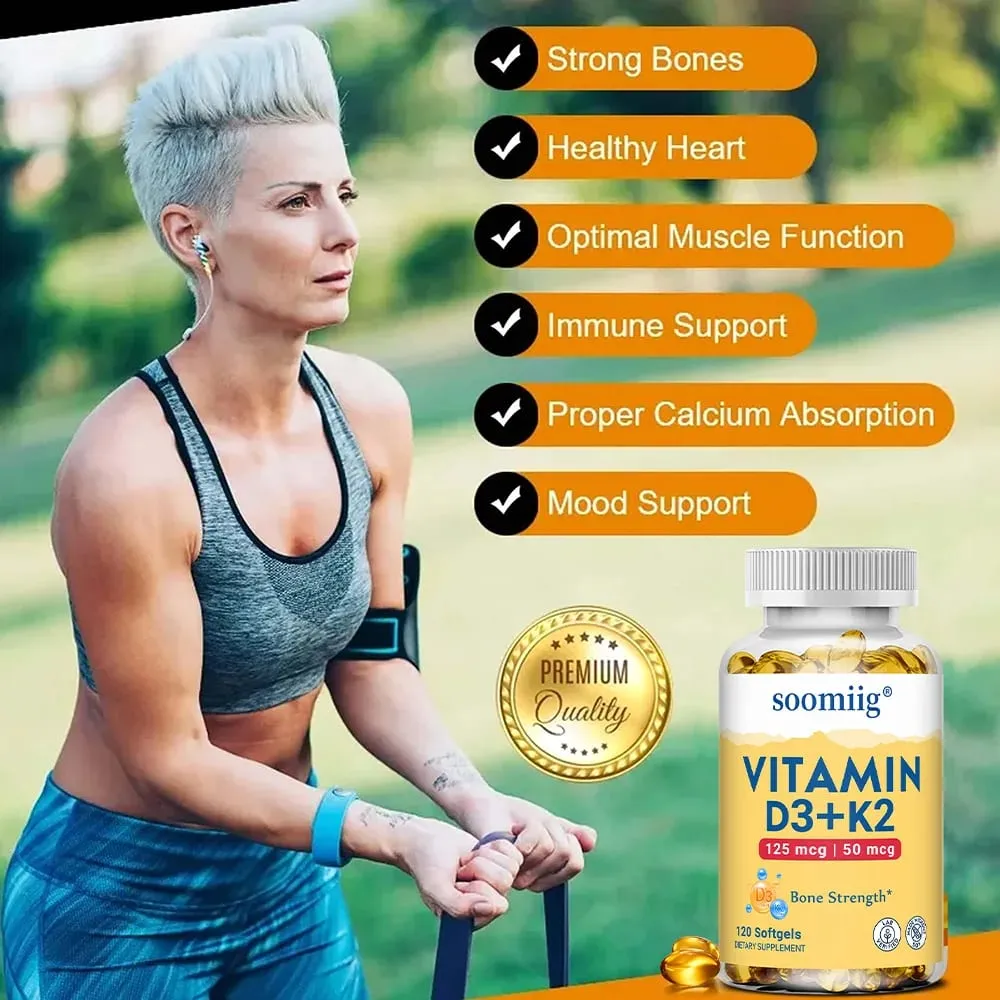 Vitamin D3+K2 Capsules 5000IU 120pcs Bone & Immune Support Vegan Supplement for Bone Precision and Overall Health