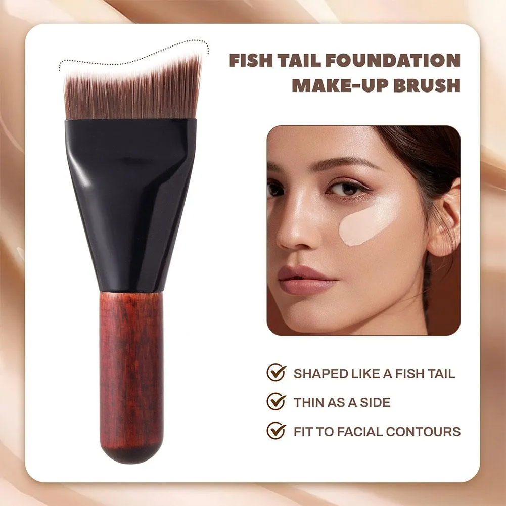 Fish Tail Foundation Brush Ultra Thin Liquid Makeup Brushes Wood Grain Handle Flat Face Contouring Cream Powder Blender