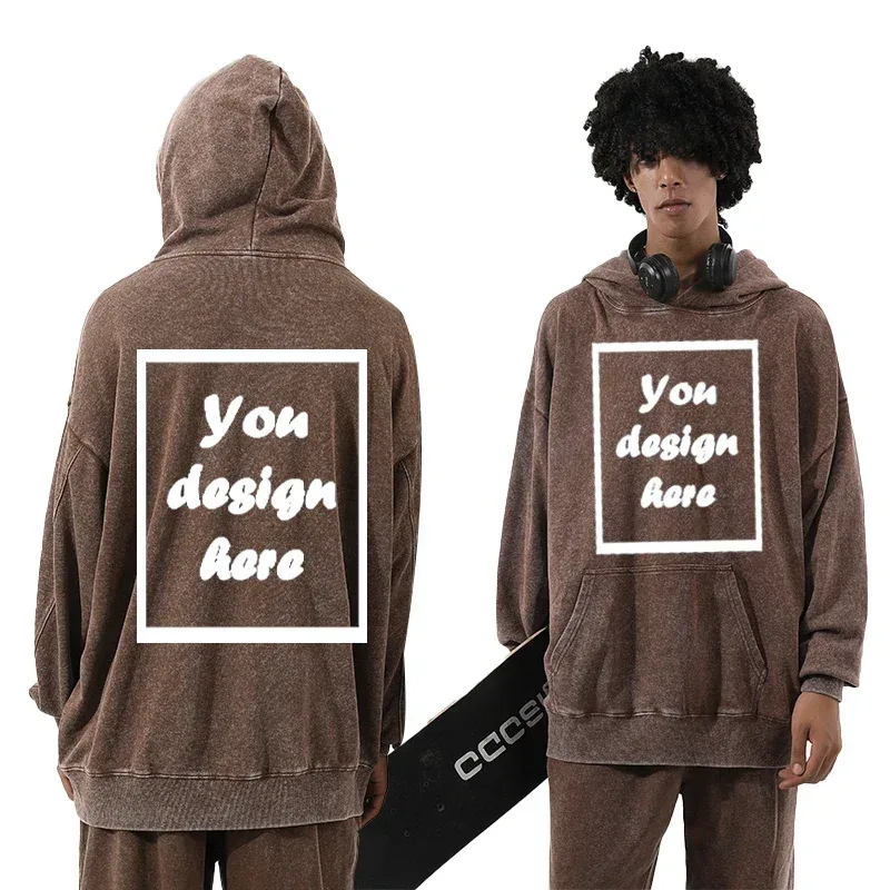 Men's personalized custom-printed washed vintage hooded warm sports wear thick 350 grams comfortable and warm.