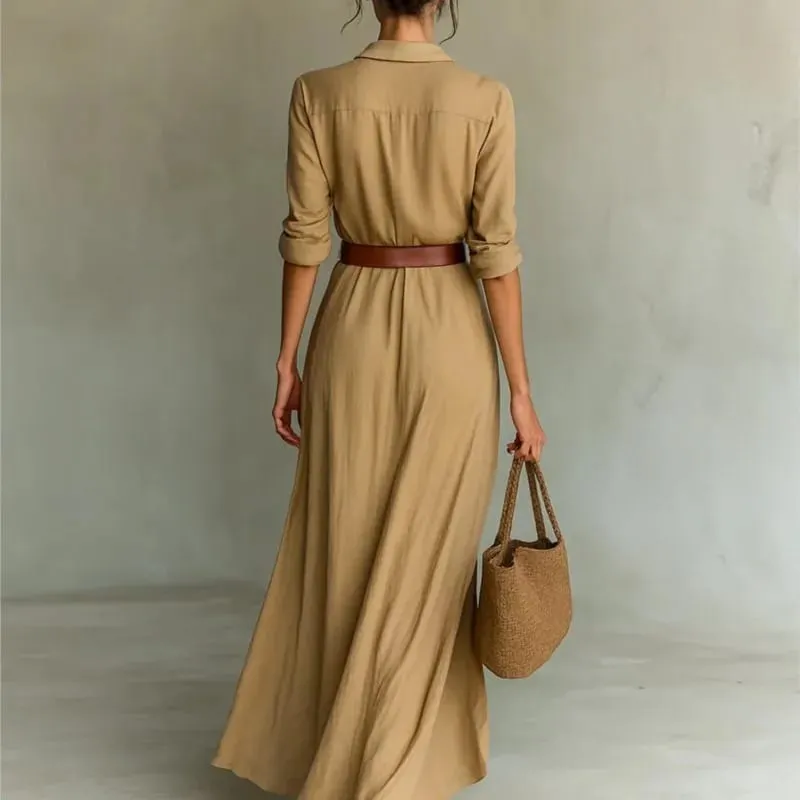 Women's Fashion Solid Holiday Party Dress Elegant Lapel Button Draped Long Dress Casual Long Sleeve Match With Belt Shirt Dress — image 3