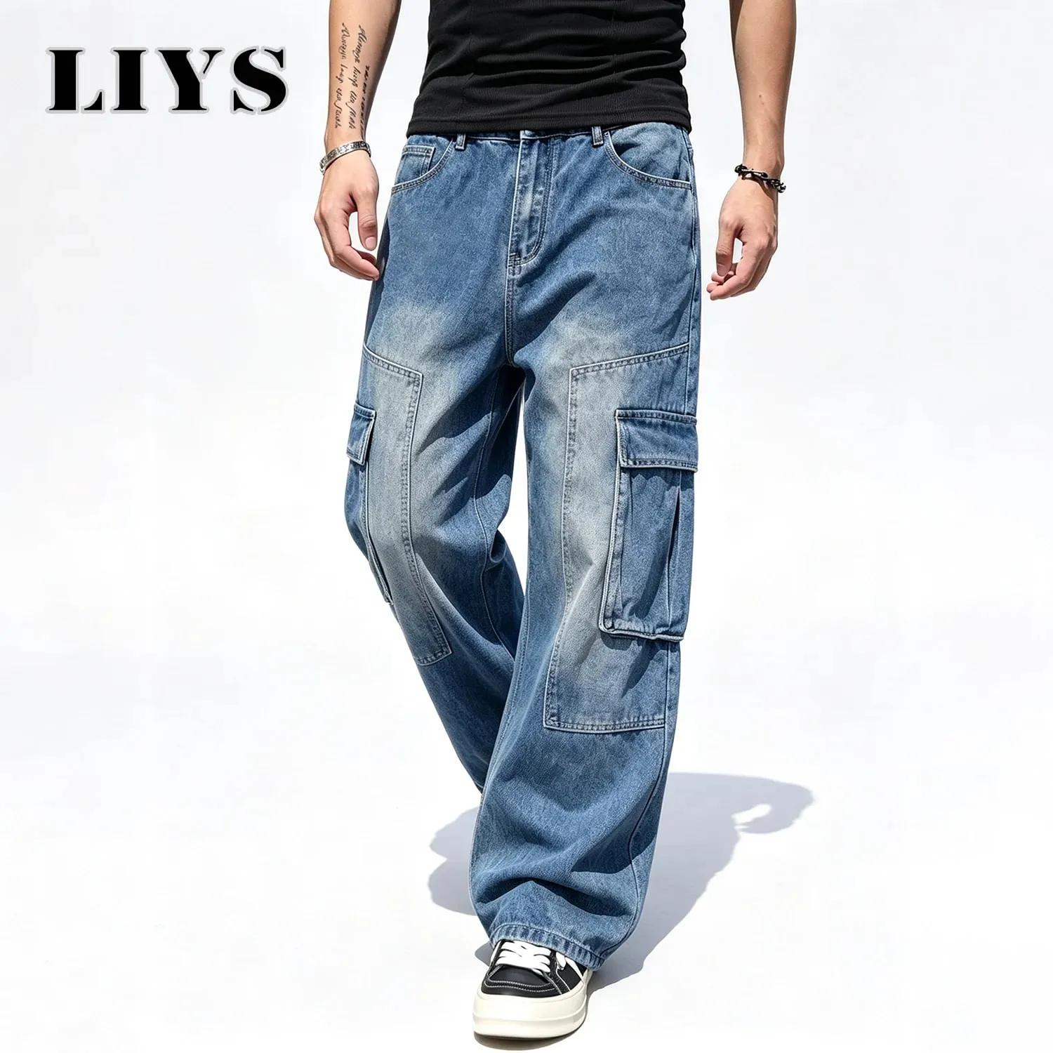 Men's American Retro Multi Pocket Cargo Jeans Suitable All Seasons Baggy Straight Leg Style Daily Street Casual Denim Pants