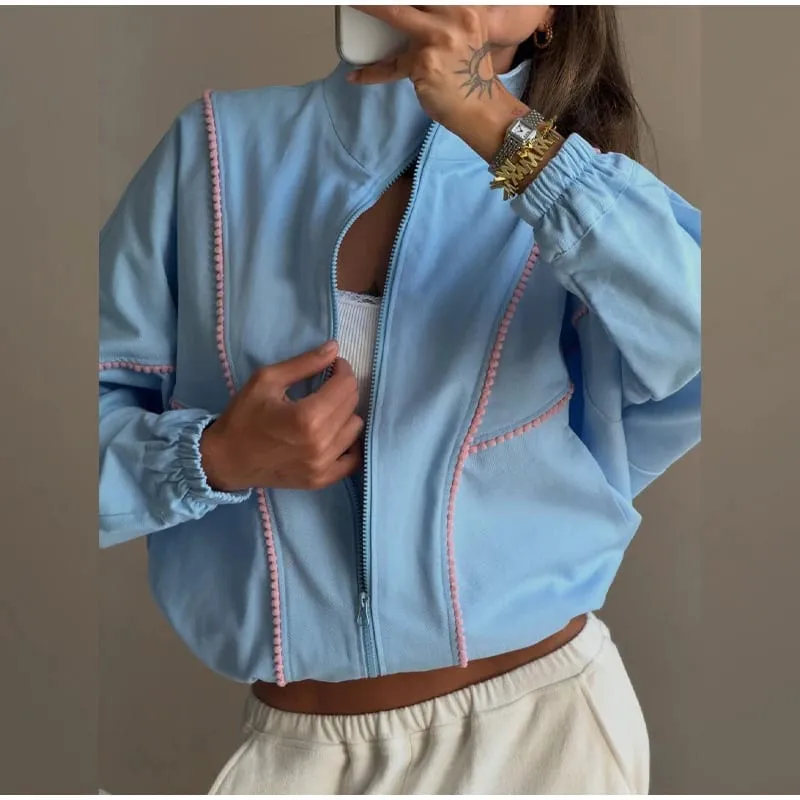 Polka Dot Cropped Windbreaker Jacket Contrast Pink Seam Piping Side Pockets Loose Outerwear 2026 Autumn Street Daily Lady Coat