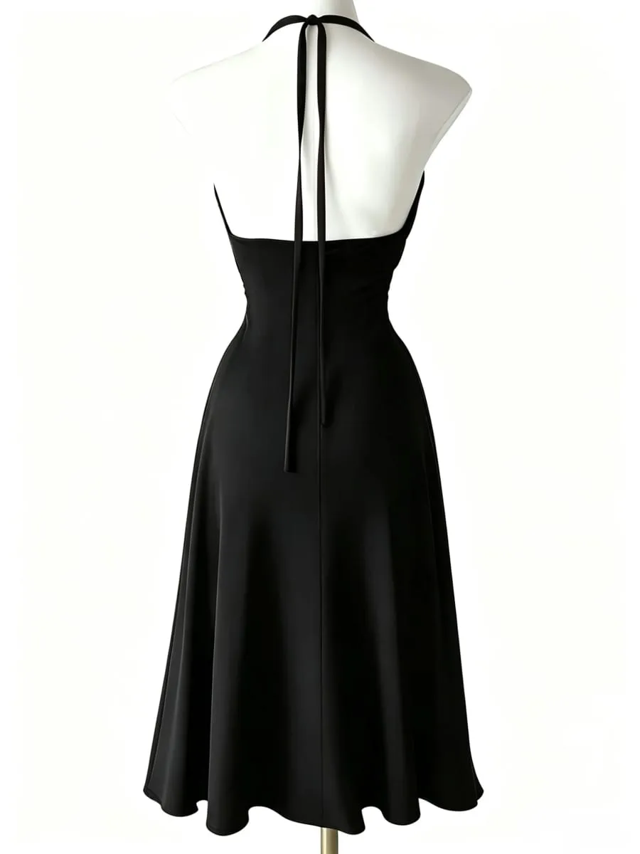 Atmospheric and Stylish Little Black Dress with Thin Halter Neck Deep V-Neck Waist-Cinching Design High Slits on Both Sides and a Flowing Slimming Long Gown