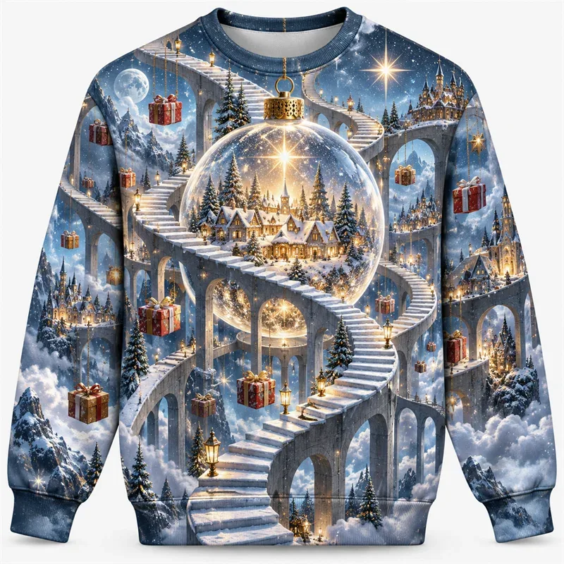 Christmas Fantasy Sweatshirt Train Castle Carousel Angel Polar Bear Crewneck Xmas Pullover Holiday Party Streetwear Gift Top