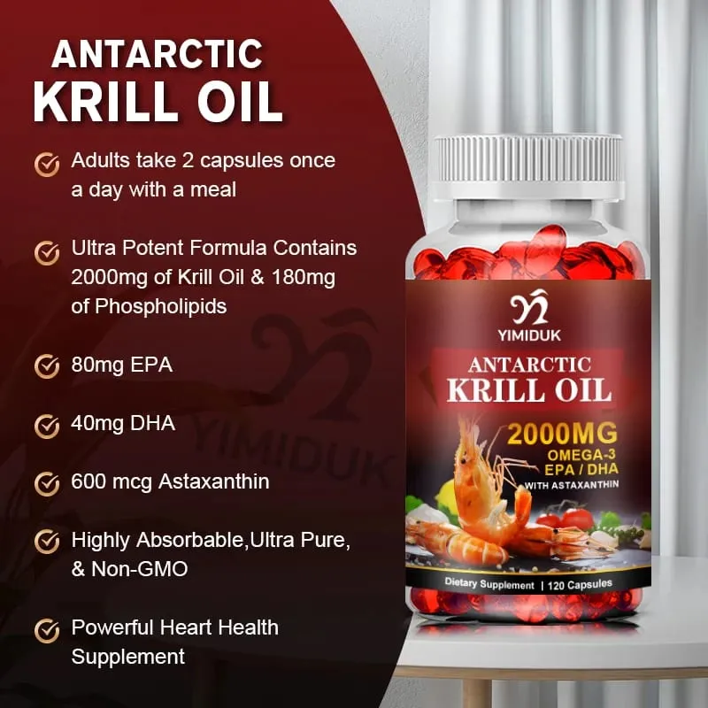 Huile de krill antarctique 2000 mg 120 capsules oméga-3 EPA DHA avec supplément d'astaxanthine provenant de krill rouge force maximale