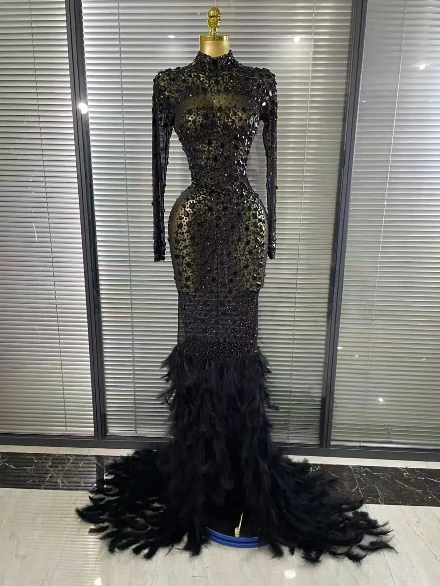 Black Red Women Long Sleeve Sexy Sparkly Crystal Mesh See Through Feathers Floor-length Mermaid Dress Evening Party Prom Outfit — image 2