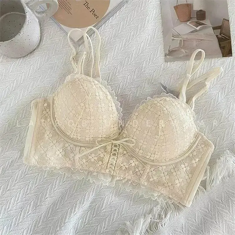 Lace Push Up Bra No Underwear Padding Slim Wireless Seamless Summer Sexy Bralette for Small Chest Lift Side Support Anti Sagging