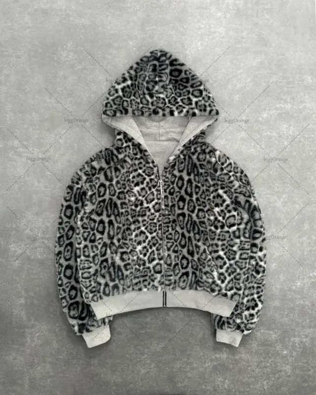 Leopard Print Two Sides Retro Fashion Wearing Loose Zipper Hoodie Men High Street Trend Punk Casual Oversized Sweatshirts Women