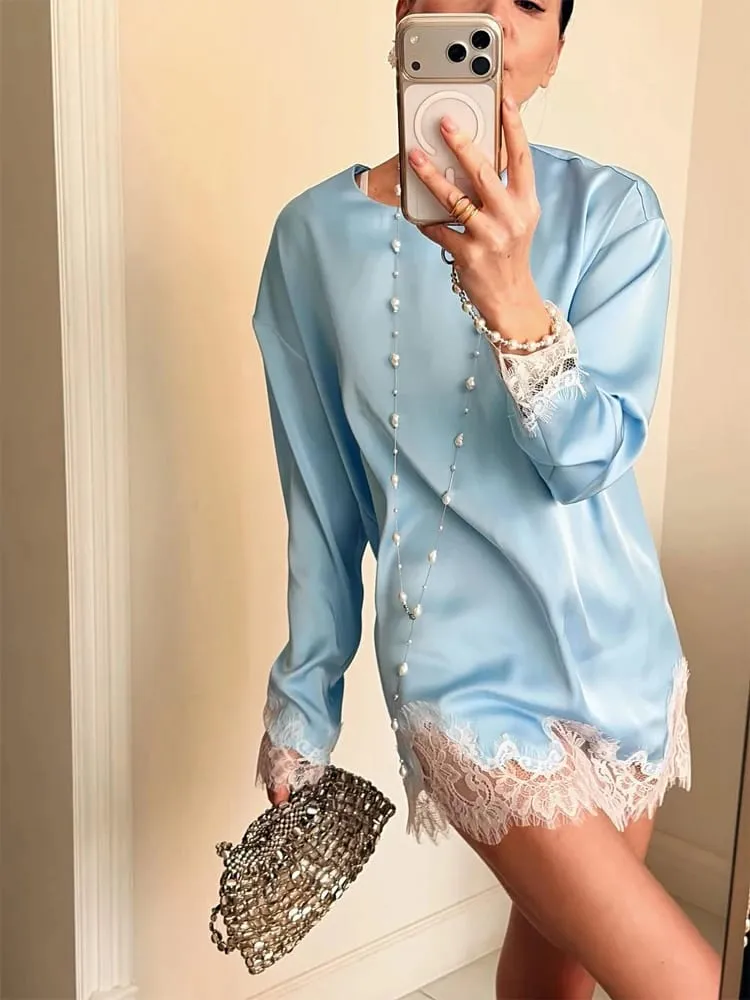 Women Elegant Lace Patchwork Lace-up Dress Solid Round Neck Full Sleeve Satin Loose Mini Dresses 2026 Spring Party Club Vestido — image 3