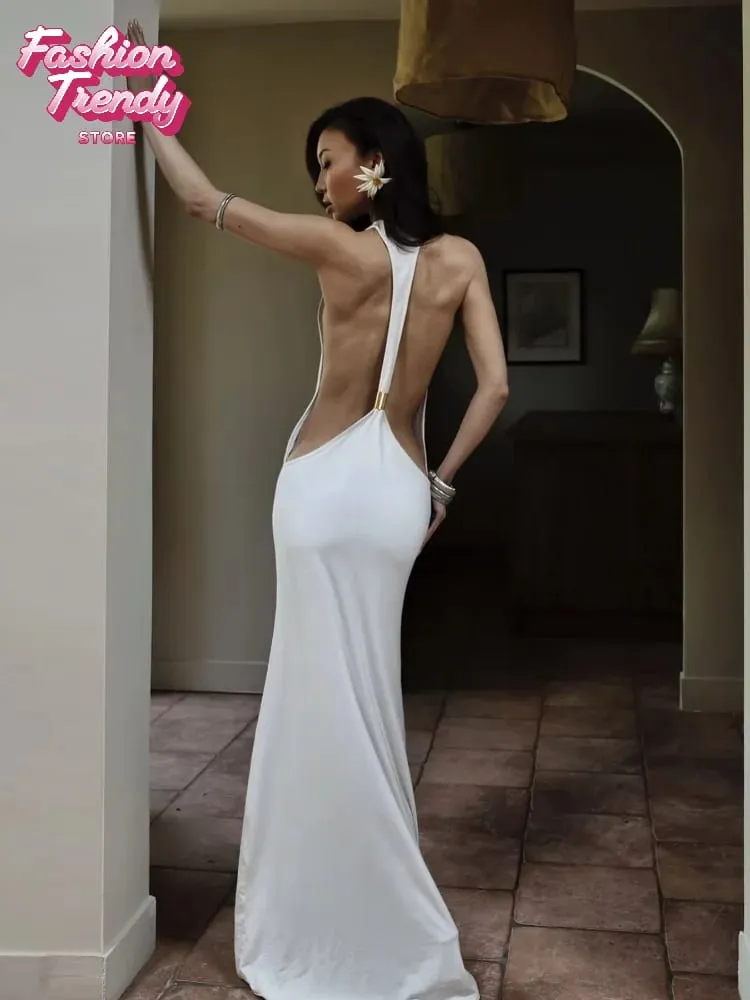 Pevná ohlávka Boční výstřih na zádech Maxi šaty Dámské Strečový dres Délka podlahy Tenké šaty Bodycon Noční klub Rekreační župan