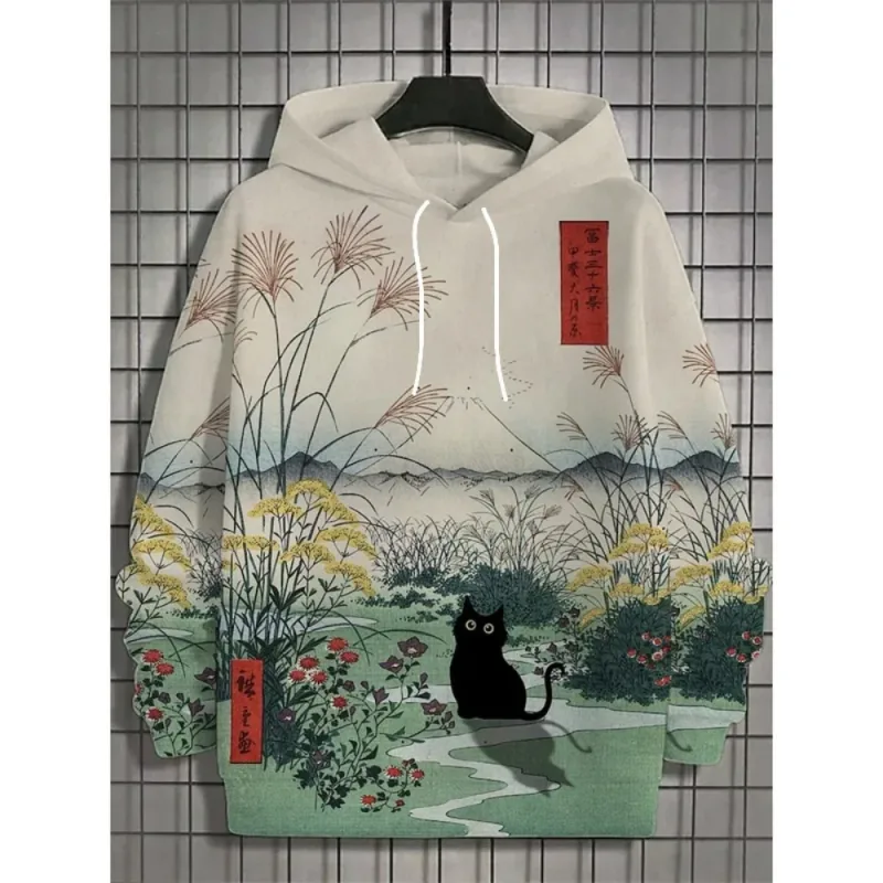 Fuji Mountain Lake Scenery Black Cat Graphic Hoodie Men Pullover Hooded Sweatshirt