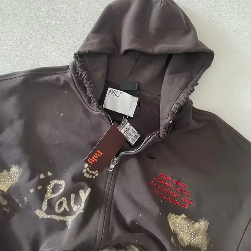 Washed Graffiti PALY Hoodies Men Woman Vintage Damaged Hole Old New Autumn Winter Zipper Hooded Pullovers Sweatshirts