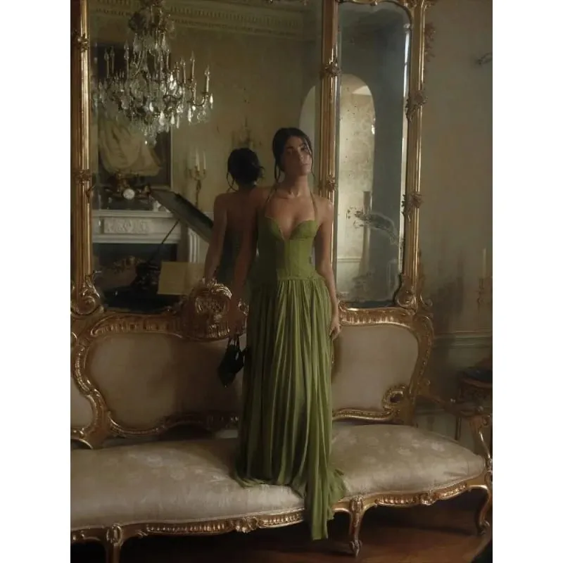 Green Fishbone Corset Halter Maxi Dress Women Backless Off Shoulder Pleated Patchwork Slim Dresses Lady Christmas Party Gown New