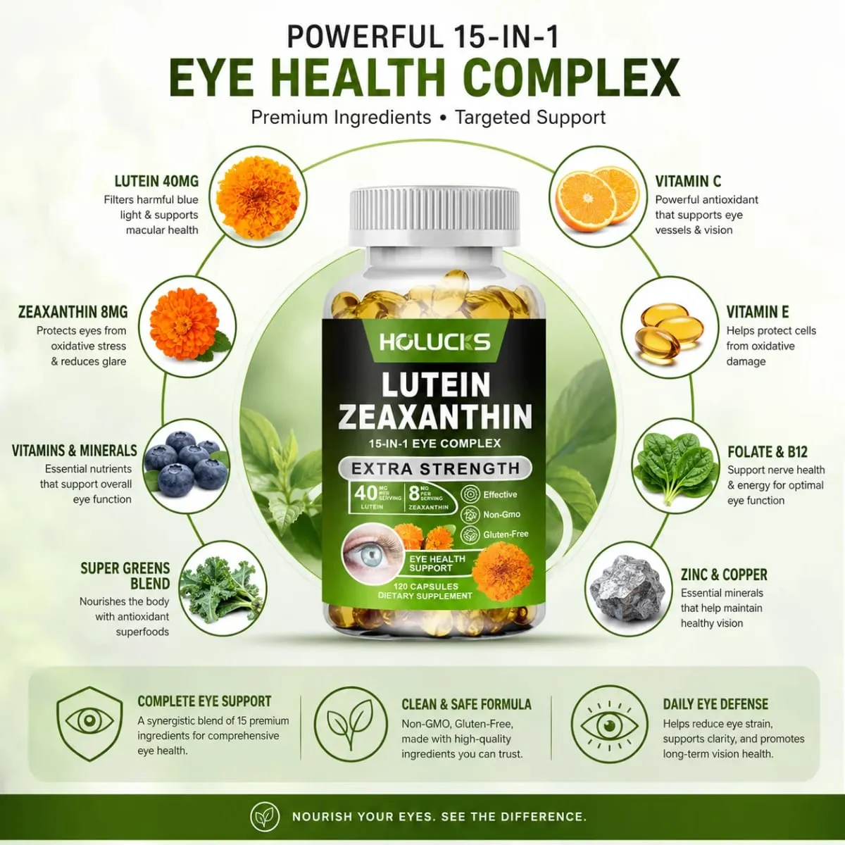Advanced Lutein & Zeaxanthin Supplement with Vitamin E for Macular Health & Sharp Vision Lens Clarity & Night Vision Non-GMO