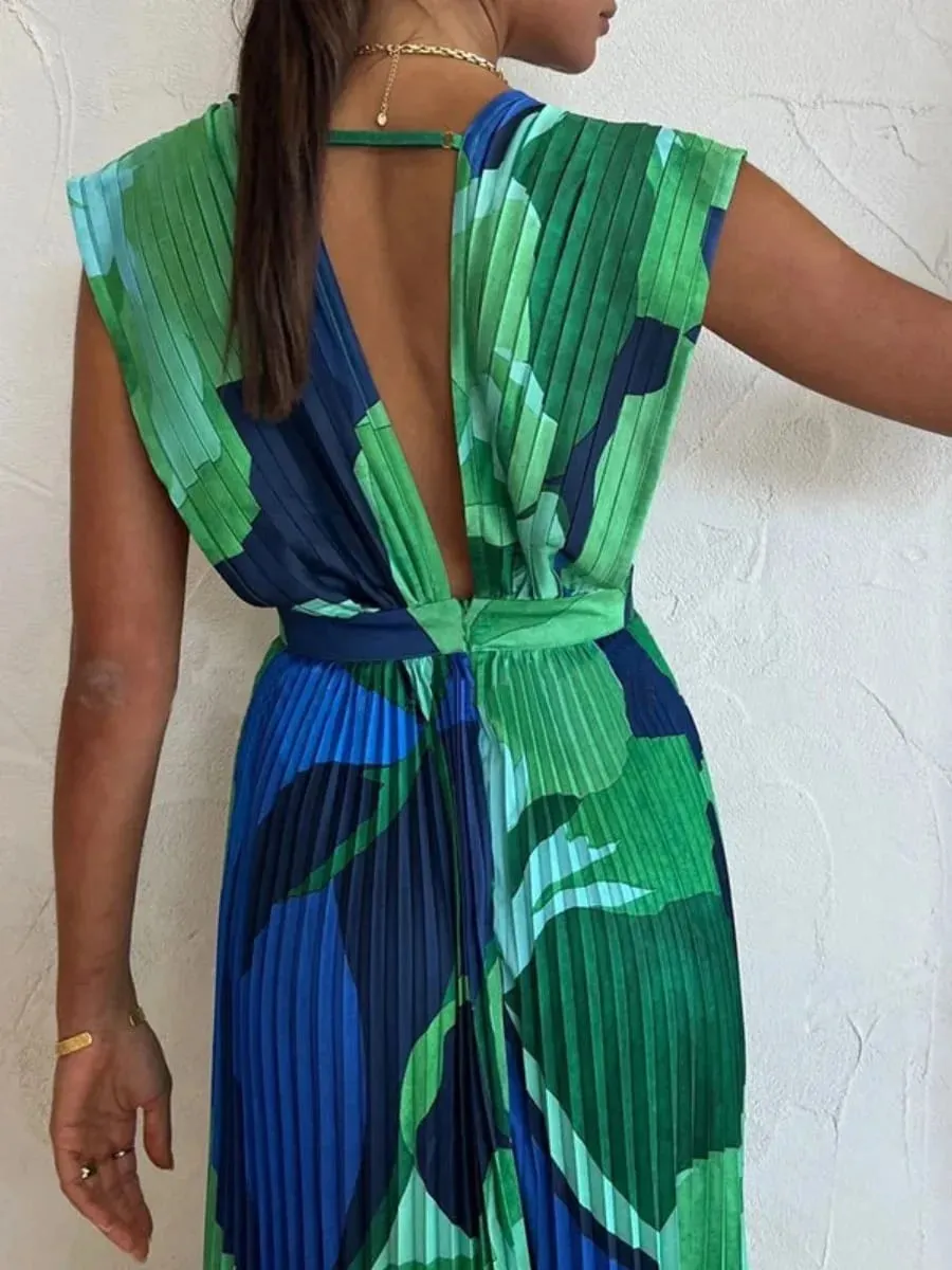 Freeacy Women's Printed Summer Dress Deep V-neck Sleeveless High Waist Pleated Midi Dress Female High Street Elegant Dresses — image 5