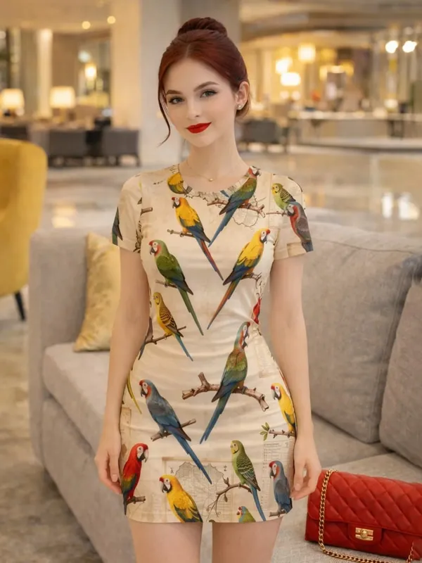 Womens Short Sleeve Bodycon Mini Dress Slim Fit Crew Neck Floral Print Casual Summer Party Cute Casual Holiday Clubwear Sundress