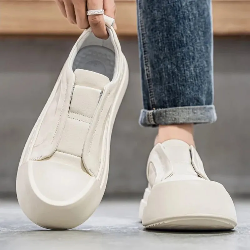 Retro Brown PU Leather Men's Shoes Lightweight Platform Elastic Band Casual Sneakers Fashion Street Walking Shoes High Quality